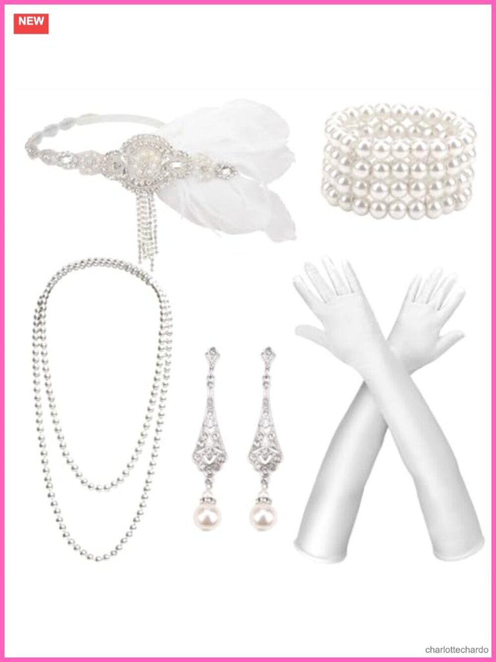 1920s Great Gatsby Flapper Costume Accessory Set Feather Headband Gloves Pearl